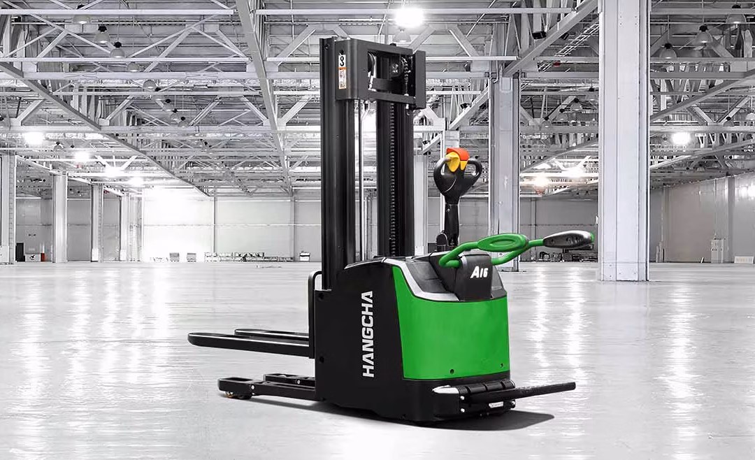 A series high range stand-on pallet stacker with initial lift